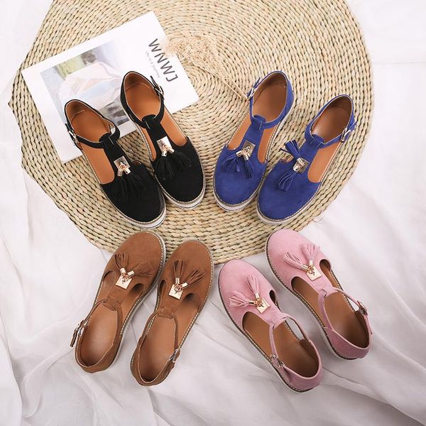 

sandals thick sole fringe women flat suede shoes, Black