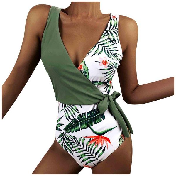 

women's swimwear swimming suit for women fashion floral plant printing one piece belt swimsuit bathing beach, White;black
