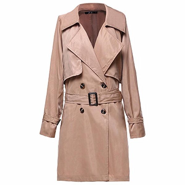 

women's trench coats 2021 fashion long section slim solid color windbreaker europe and america large size lapel, Tan;black
