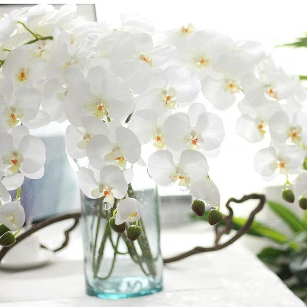 Декоративные цветы венки 1 шт. Белый 8 Стебли Phalaenopsis Орхидеи Real Touch Искусственный DIY Silk Свадебные Букеты Домашний Цветочный Декор Ваза