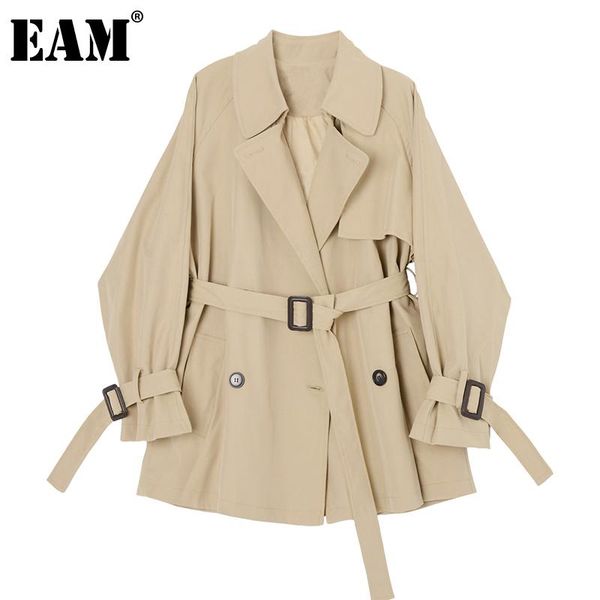 

[eam] women khaki split big size trench lapel long sleeve loose fit windbreaker fashion tide spring autumn 2021 1da419 women's coats, Tan;black