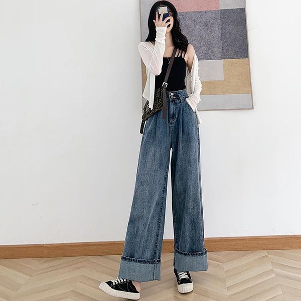 

long jeans for women plus size vintage high waist wide leg straight loose extra women's, Blue