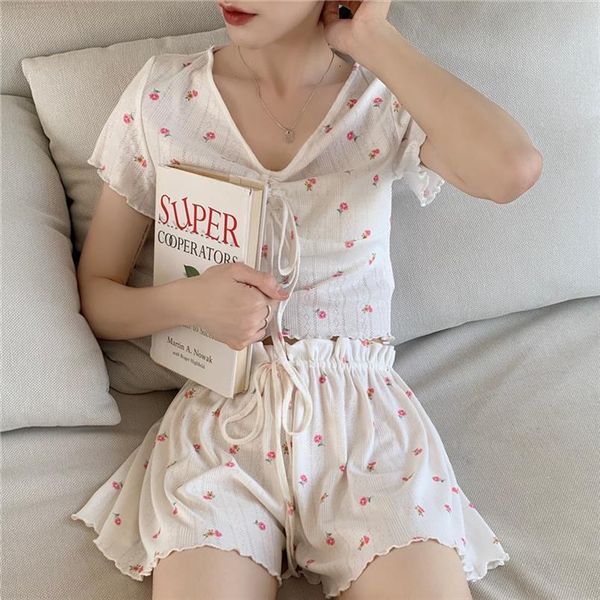 

pajamas teen girls floral womens sleepwears print korean style kawaii pyjamas summer pijama sleepwear mini shorts suit loungewear, Black;red