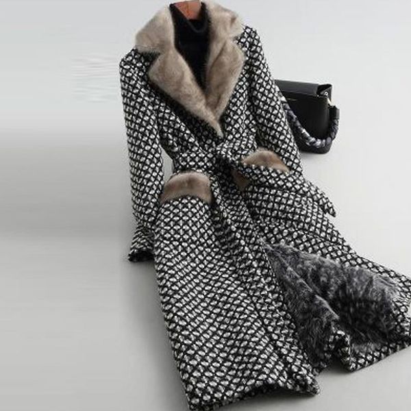

women's wool & blends winter check blended s-5xl jacket warm fur collar double-breasted  long gray, Black