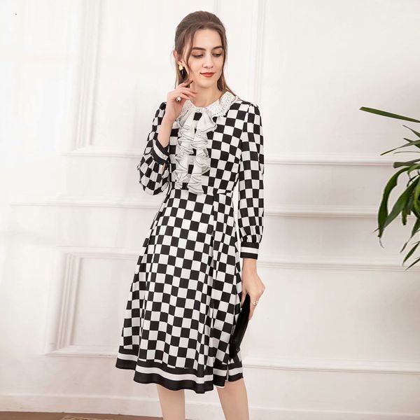 

dress designer 2021 spring female classic vintage plaid party stylish shreds dressed long sleeves, Black;gray