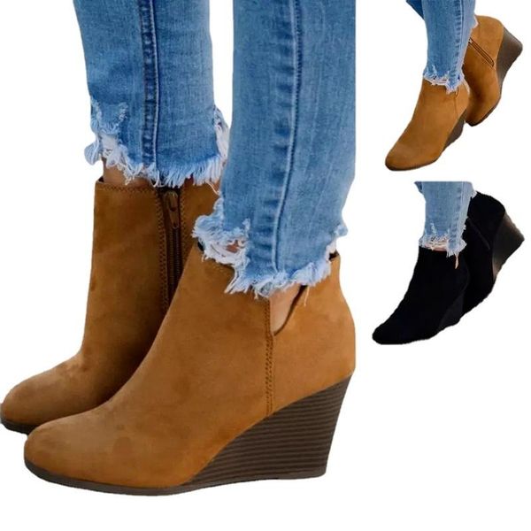 

boots platform women europe 2021 plus size 43 fashion flock wedges ankle casual shoes woman riding, equestrian, Black