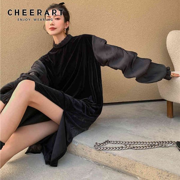 

black velvet puff sleeve vintage long dress women spring autumn side split ruffle neck ladies 210427, Black;gray