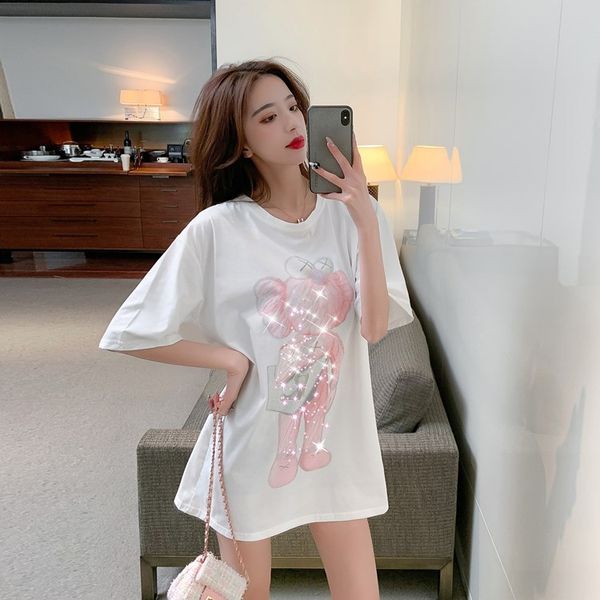 

bear printing thick t-shirt women pajamas set ladies summer short sleeves home suit nightwear loose cute cartoon midi dress, Black;gray