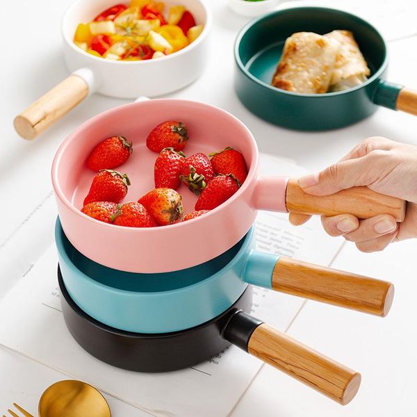 

dishes & plates nordic household creative ceramic salad bowl with wooden handle breakfast dish round