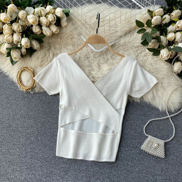 

women hollow out show waist slim versatile knitted t-shirt v-neck short sleeve fashion spring summer 11b739 210525, White