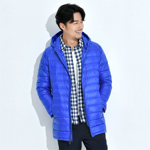 

autumn winter men down coat hood ultra light white duck jacket parkas male slim thin mid-long coats outwear oversize ab785, Black