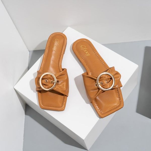 

slippers summer flat fashion solid designer belt buckle open toe outdoor women shoes loafers for 2021 large size, Black