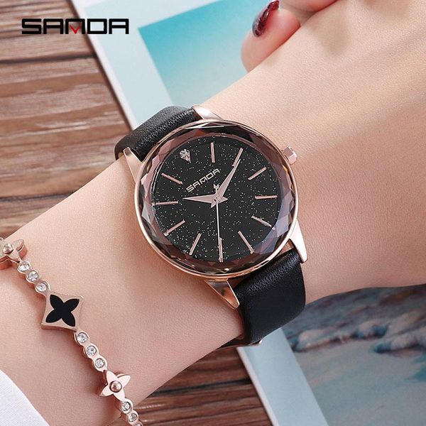 

wristwatches sanda 2021 leather women watches ladies crystal wrist watch dress female clock relogio feminino montre femme, Slivery;brown