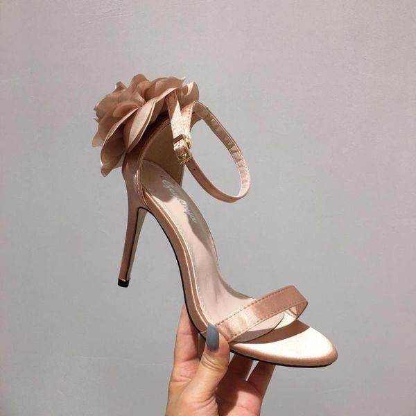 

real silk hep flower sandalias femme open toe buckle strap sandale mujer rose stiletto over high heels sandals women scarpe, Black