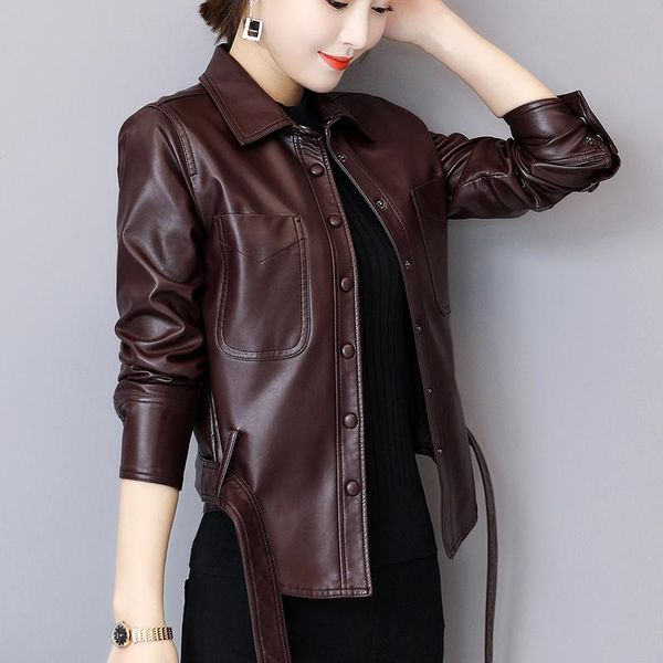

jacket autumn women pu leather with belt single breasted short soft faux leaher coat female outwear plus size women's &, Black