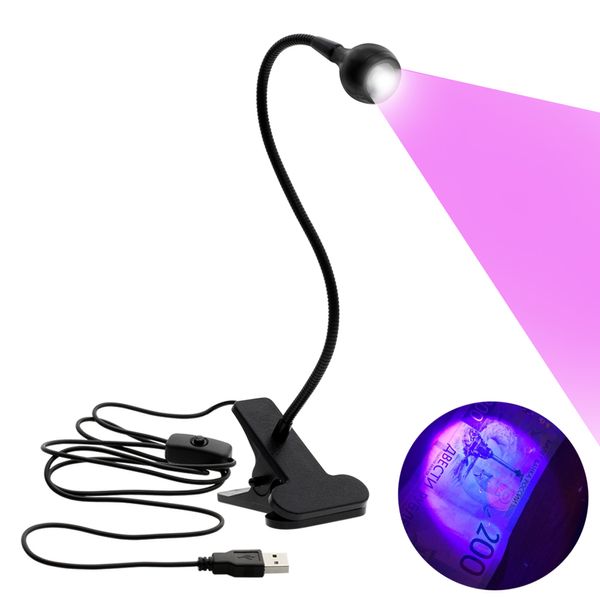 USB LED Desk Light Mini Clip-On Flexível Lâmpada UV Lâmpada UV Ajustável Ajustável Nail Secador Dinheiro Médico Detector com Interruptor