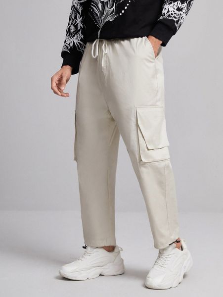 

men flap pocket side drawstring waist cargo pants r4ke#, Black