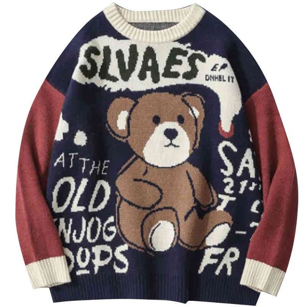 

men's sweaters harajuku bear vintage men's coarse winter sweater pullovers korea style hip hop couples clothes 94k5, White;black