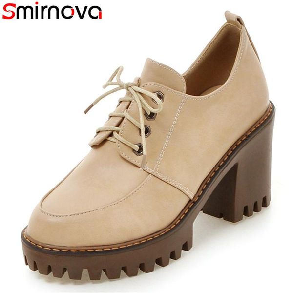 

smirnova big size 33-43 spring autumn leisure fashion platform shoes square toe round lace up solid color women pumps dress, Black