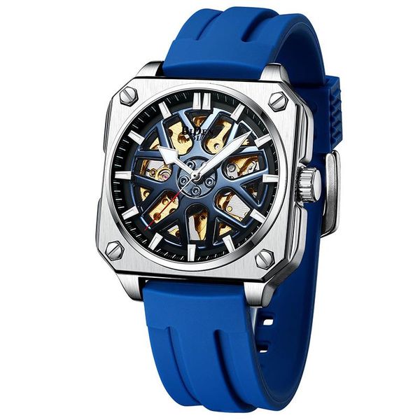 

wristwatches men mechanical watches automatic self-wind transparent fashion silicone band wristwatch skeleton man male hour, Slivery;brown