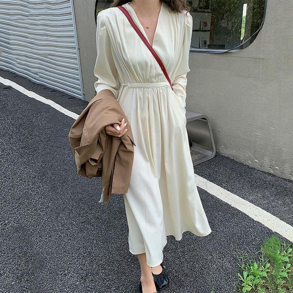 

casual dresses [ewq] korean chic autumn women black waist closing v-neck long sleeve mid-calf apricot dress female fashion 2021 16e3255, Black;gray