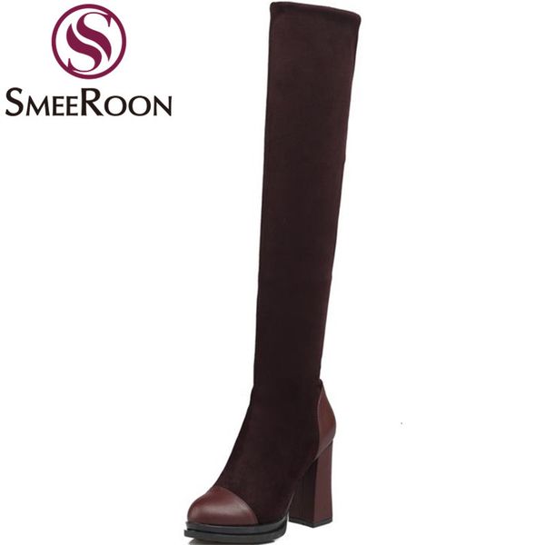 

boots smeeroon fashion slip on over the knee for women round toe thick high heels keep warm winter prom shoes vhdo, Black
