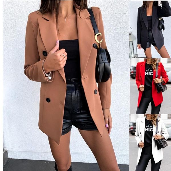 

women's suits & blazers european and american style autumn winter fashion solid color long-sleeved double-breasted blazer, White;black