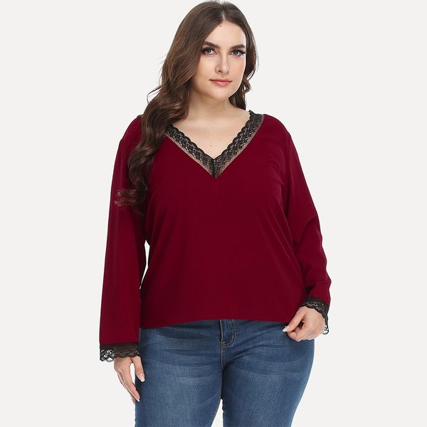 

women's plus size hy3659 solid color long sleeve t-shirt loose large lace v-ne fashion top