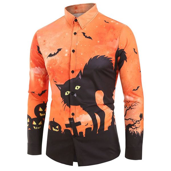 

halloween men's cat bat print long sleeve shirt, White;black