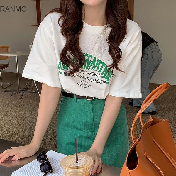 

women's t-shirt korean chic summer small fresh round neck color contrast letter print + high waist split denim skirt suit, White