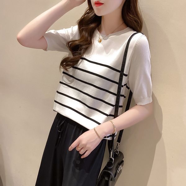 

T-shirt Ice silk short sleeve women's 2020 summer new Korean loose large thin T-shirt black and white stripe top