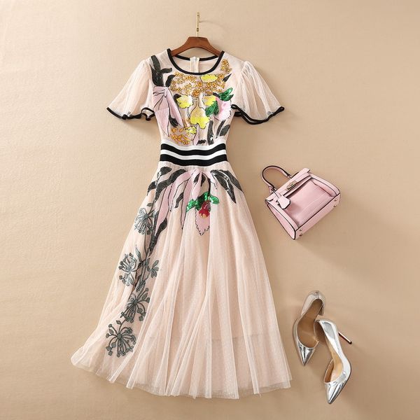 

european and american women's wear for summer 2021 short sleeves with flared sleeves fashion mesh sequined embroidered dress, Black;gray
