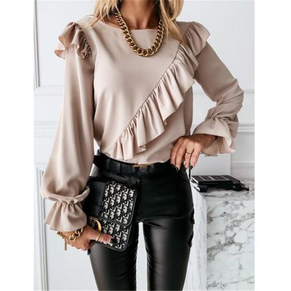 

solid color long sleeves shirts women casual round collar ruffles loose wear chiffon pullovers ladies' jumper blouses femme women&#039, White