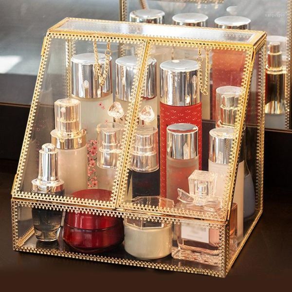 

brass glass makeup cosmetic organizer with open front lid lip glaze storage skin care dressing table rack trapezoid displa1