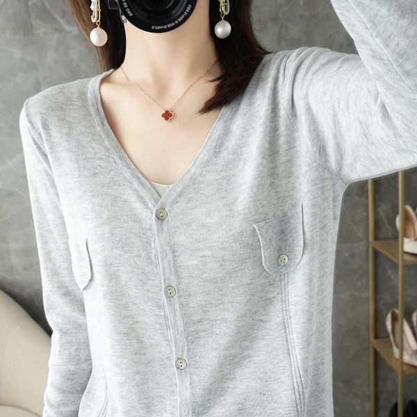 

women's knits & tees spring and summer v-neck worsted wool knitted cardigan fashion loose long-sleeved solid color sweater, White