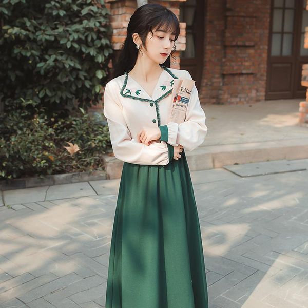 

casual dresses 2021 women maxi dress full sleeve green elegant floral embroidery fit and flare shirt mid-calf female vestidos, Black;gray