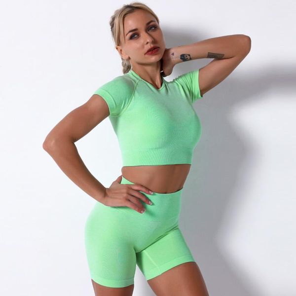 

yoga outfit women 2pcs seamless set sport suit gymwear workout clothes short sleeve gym crop high waist shorts fitness sports wear