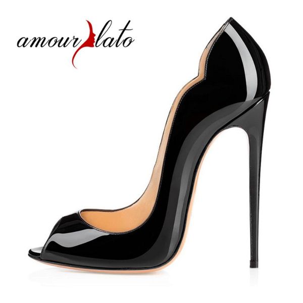 

amourplato women peep toe high heels patent pumps slip on cut out stilettos party evening dress shoes 12cm thin, Black
