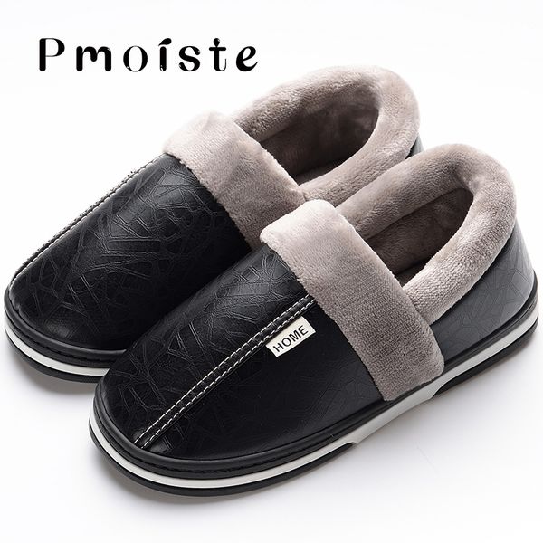 

home slippers for men massage memory foam winter indoor slippers with fur male slippers leather household size 45-49, Black