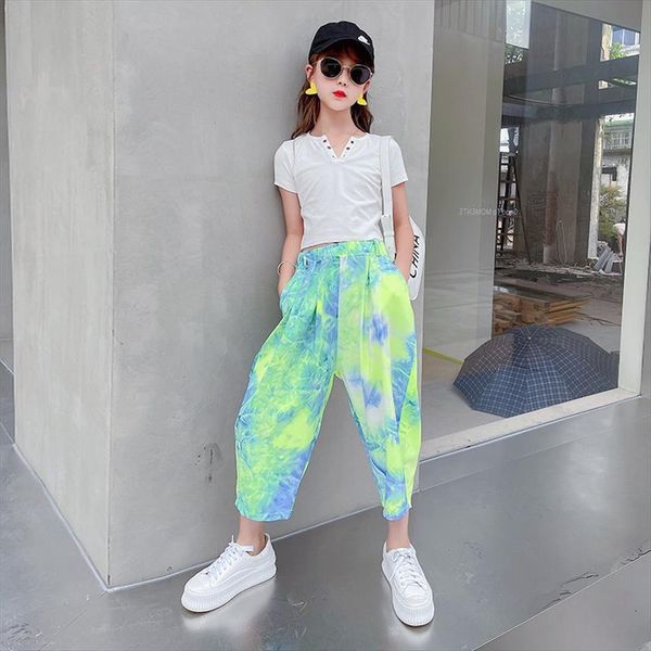 

summer clothing sets for big girls two pieces v neck and pants fashion tie dye print novely childrens tracksuit, White