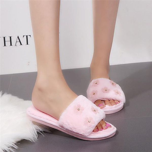

slippers pxelena 2021 plus size 34-41 women winter fur flower decor furry flannel flat warm plush cotton slides home sweet shoes, Black