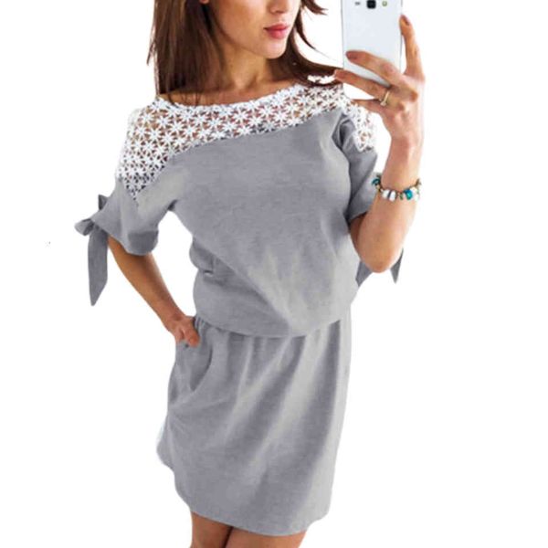 

office dresses ladies robe femme 2021 short elegant casual wear sukienka lace hollow mesh dress kleid, Black;gray