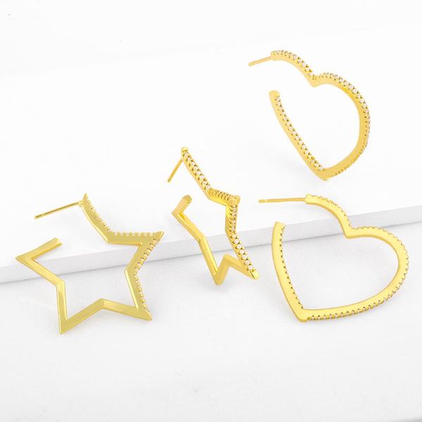 

hoop & huggie flola gold plated star earrings for women cz pave zirconia heart cubic wholesale jewelry gifts ersw88, Golden;silver