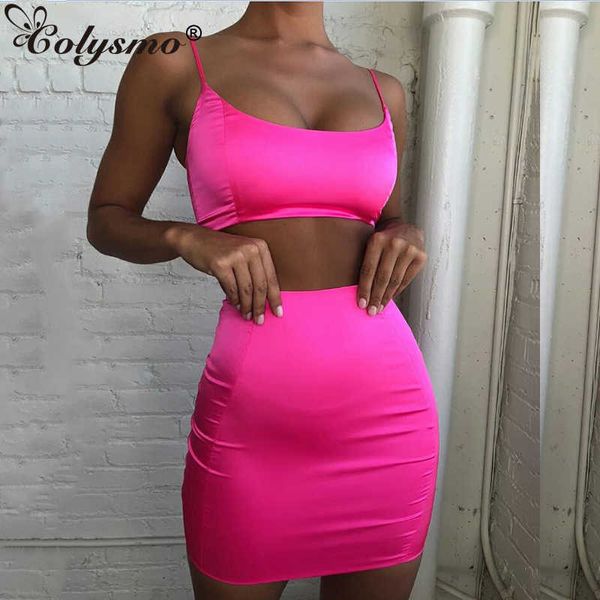 Colysmo Neon Pink Sexy Dress Elegant Women Satin Christmas Party Bodycon Set due pezzi Elasticity Mini Summer 210527