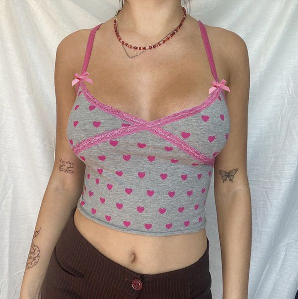 

2000s aesthetics pink heart print cami y2k fashion bow criss cross lace trim crop vintage streetwear sleeveless women's tan, White
