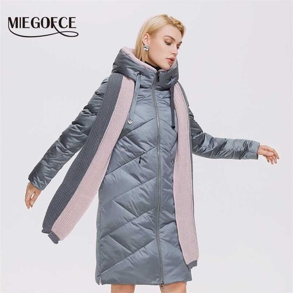 

miegofce winter women long parka quilted coats with scarf brand women winter coat ladies jackets d21815 211007, Black