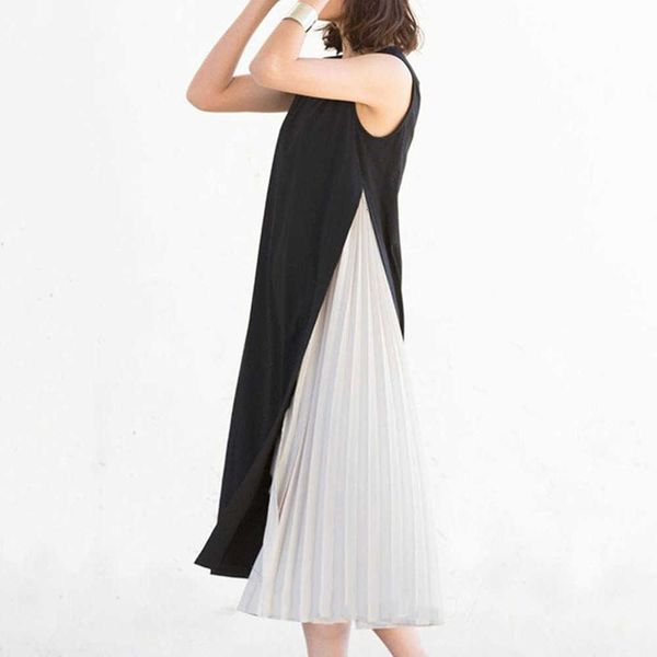 

casual dresses women summer sleeveless female solid o neck color insert open-end big swing mid-length japan es e8zp, Black;gray