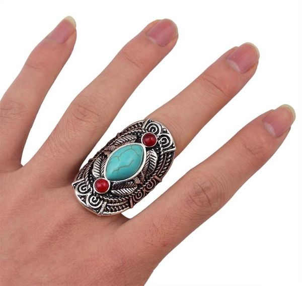 

bohemian vintage oxidized silver color metal rings for women red blue stone adjustable finger ring afghan gypsy jewelry cluster, Golden;silver