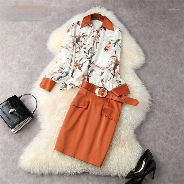 

casual dresses elegant designers spring women 2 piece ol outfits 2021 fashion long sleeve print chiffon shirt and pencil skirt suit sets, Black;gray