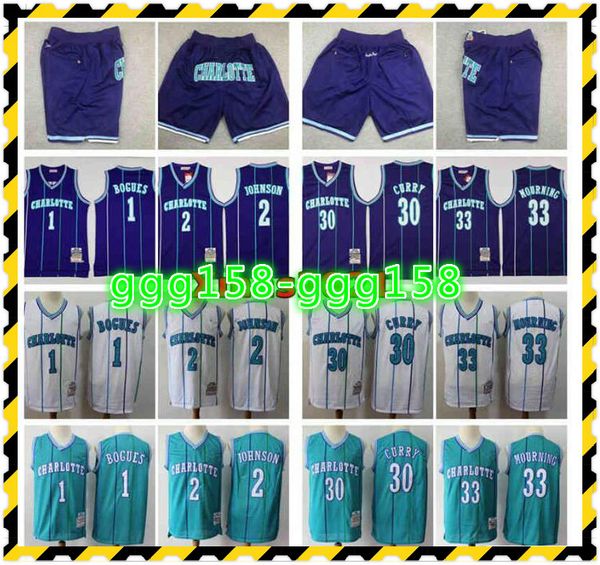 Retro Men Mitchell Ness Charlottes Maglia da basket cucita 1 Muggsy Bogues 2 Larry Johnson 30 Dell Curry 33 Alonzo Maglie da lutto Pantaloncini